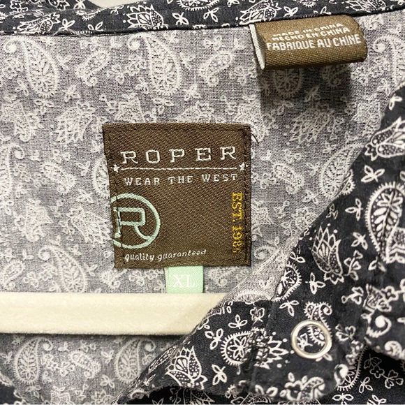 Roper Western Black With White Paisley Print Snap Button Shirt - Picture 2 of 12